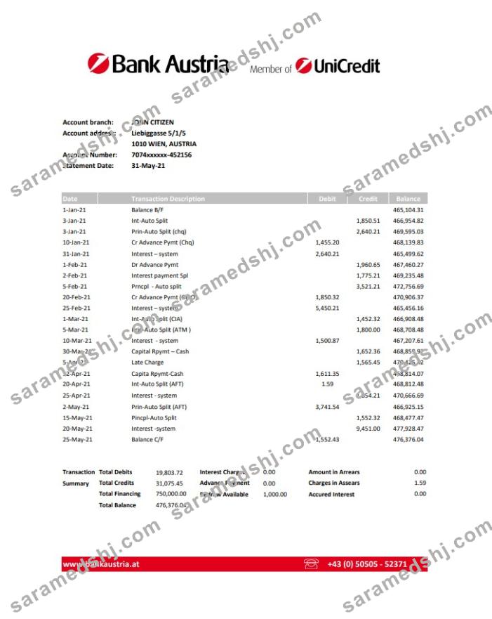 Austria Bank Austria bank statement easy to fill template in Excel and PDF format
